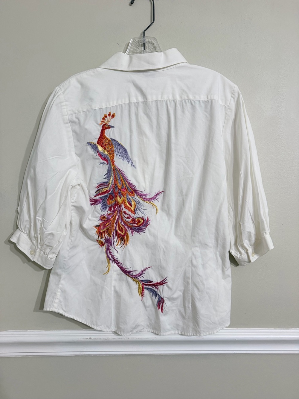 White women’s Button-Down Shirt with Colorful Embroidered Phoenix